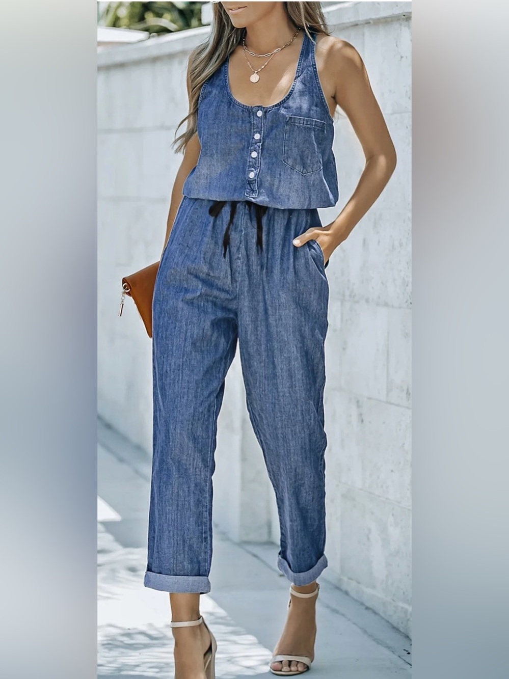 Fourteenth Place 100% Lyocell Chambray Denim Utility Jumpsuit